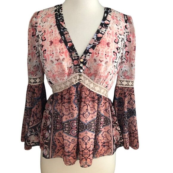 Y2K Vintage Bebe Silk Babydoll Empire Waist Bell Sleeve Blouse - Picture 1 of 15